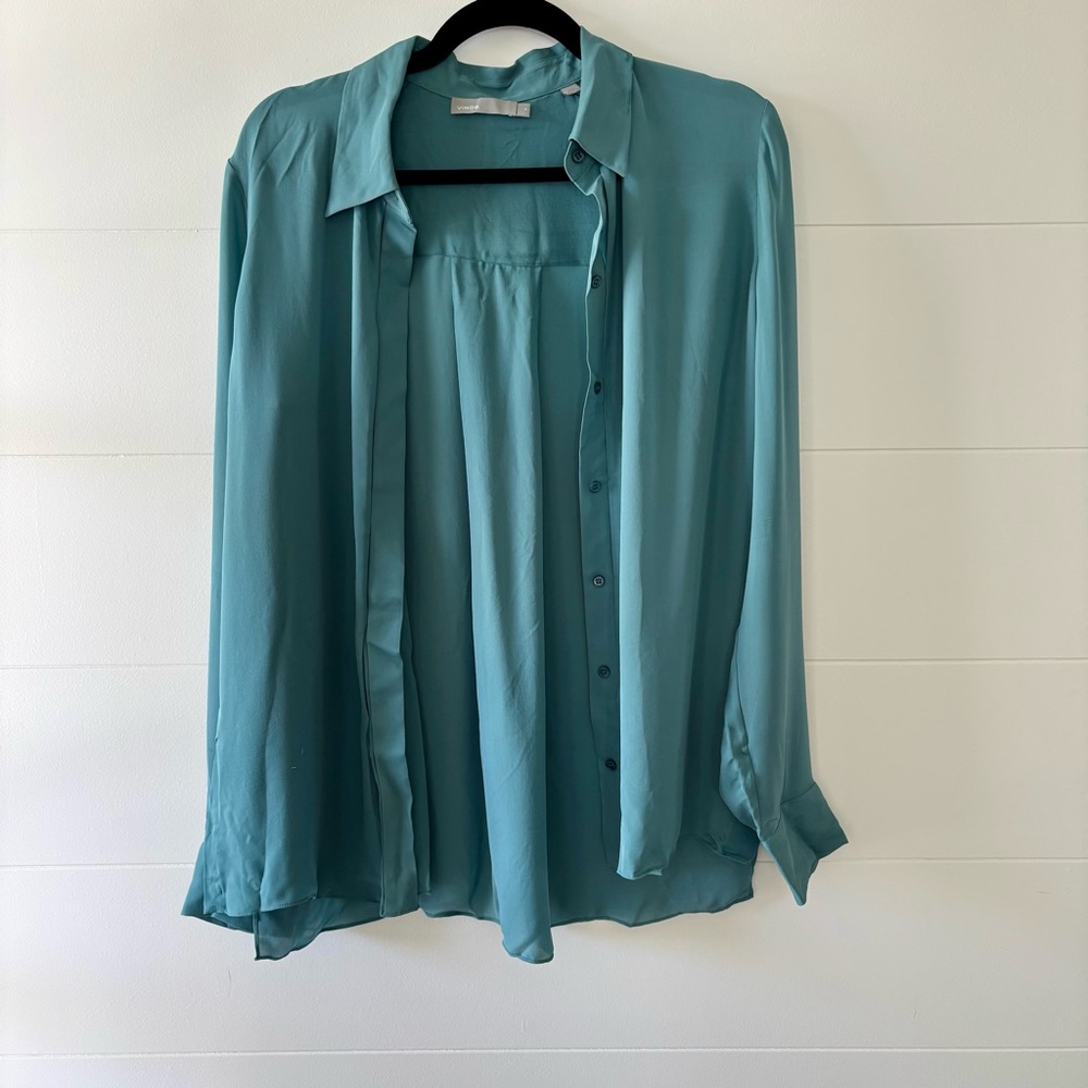 Vince Silk Button-Down Blouse – Size 10 – Teal Blue